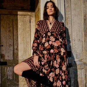 Free People "ROWS OF ROSES" Floral Midi/Maxi Dress In Black Combo MEDIUM